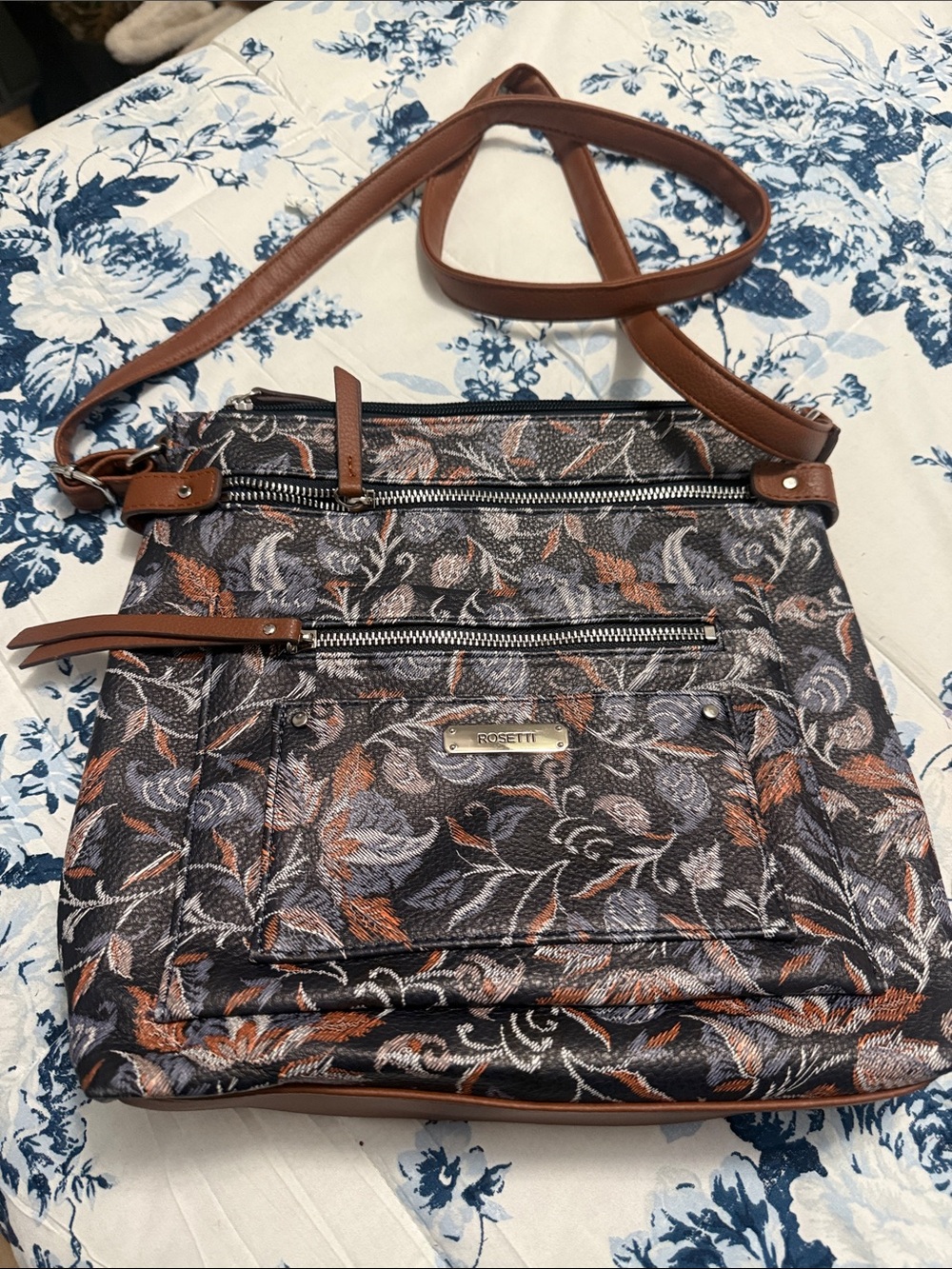 Rosetti Dark Navy Floral Crossbody Bag with Brown Trim. New no tags